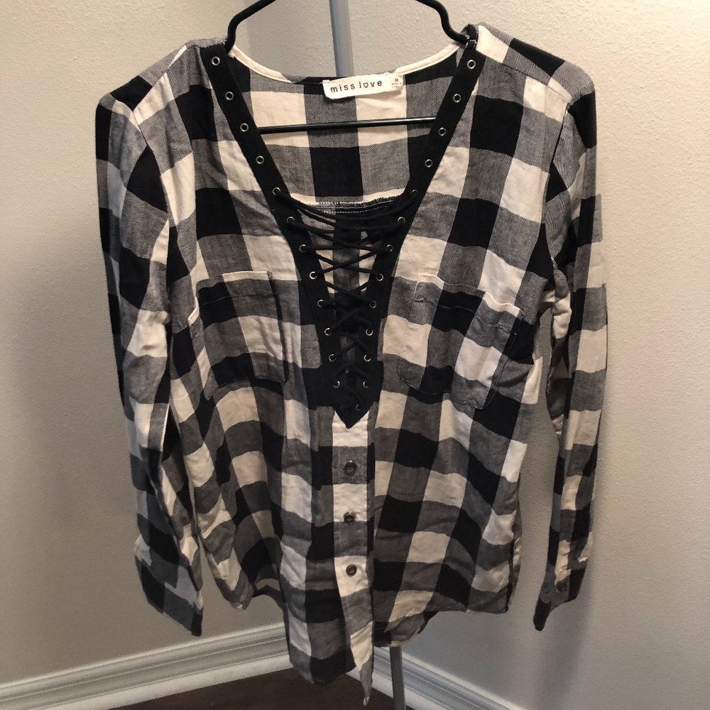 Plaid lace up top